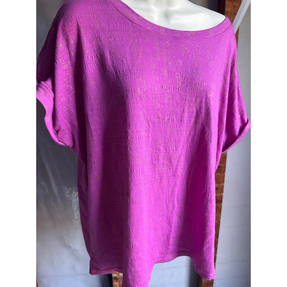 Berkley Jensen Magenta Pink Gold Shimmer Short Sleeve Top XXL Rolled Cuff Scoop